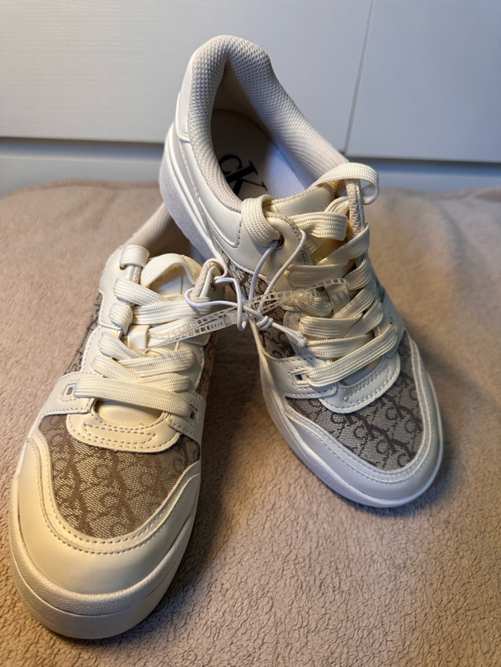 Calvin Klein Off-White and Taupe Monogram Sneakers